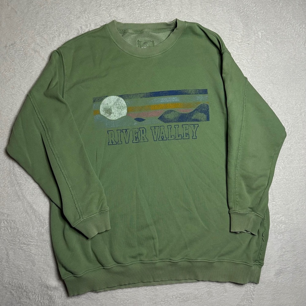 Aerie River Valley Graphic Oversized Sweatshirt Sage Green Mountain Pullover L